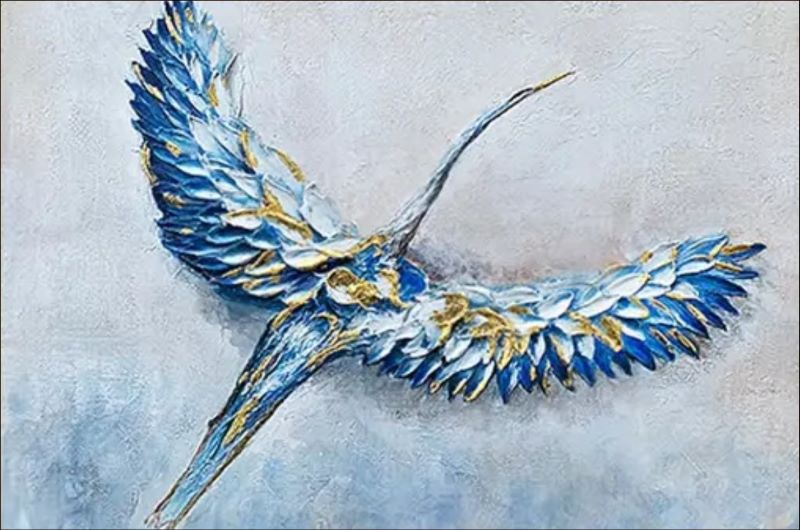 Textured oil painting of a majestic blue and white crane bird in flight with gold leaf accents on its wings, elegant wildlife wall art.