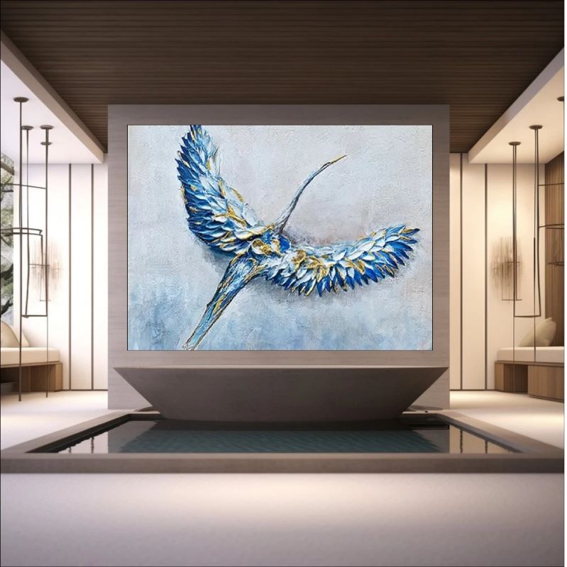 Textured oil painting of a majestic blue and white crane bird in flight with gold leaf accents on its wings, elegant wildlife wall art.