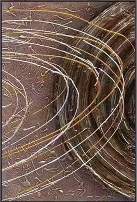 Textured abstract painting featuring deep brown background with dynamic white and gold swirling lines resembling celestial orbits, modern wall art style.