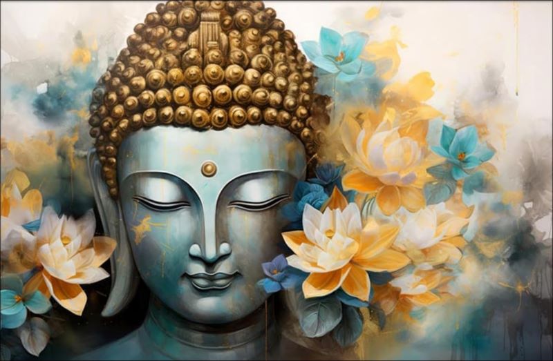 Painting of a serene Buddha face with closed eyes surrounded by blooming yellow and teal lotus flowers, spiritual Zen wall art style.