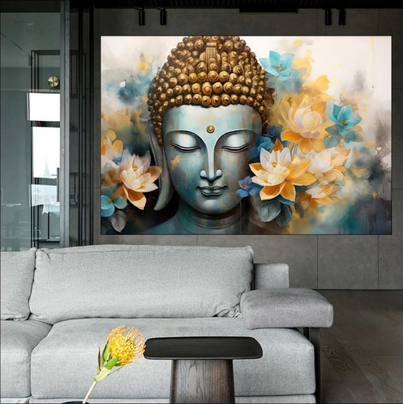 Decorative wall art of a Buddha head with flowers in a modern living room.