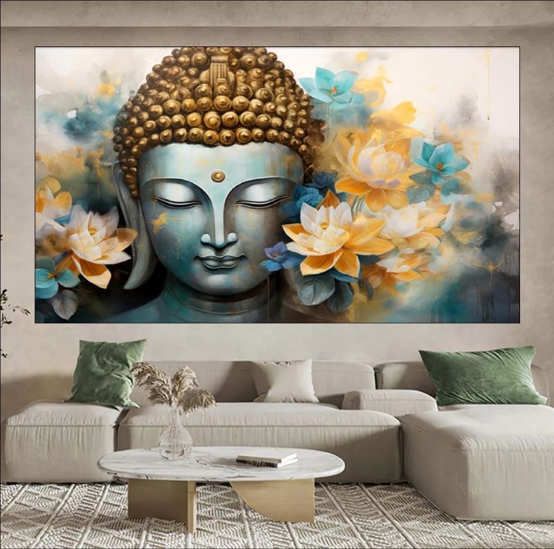 Painting of a serene Buddha face with closed eyes surrounded by blooming yellow and teal lotus flowers, spiritual Zen wall art style.