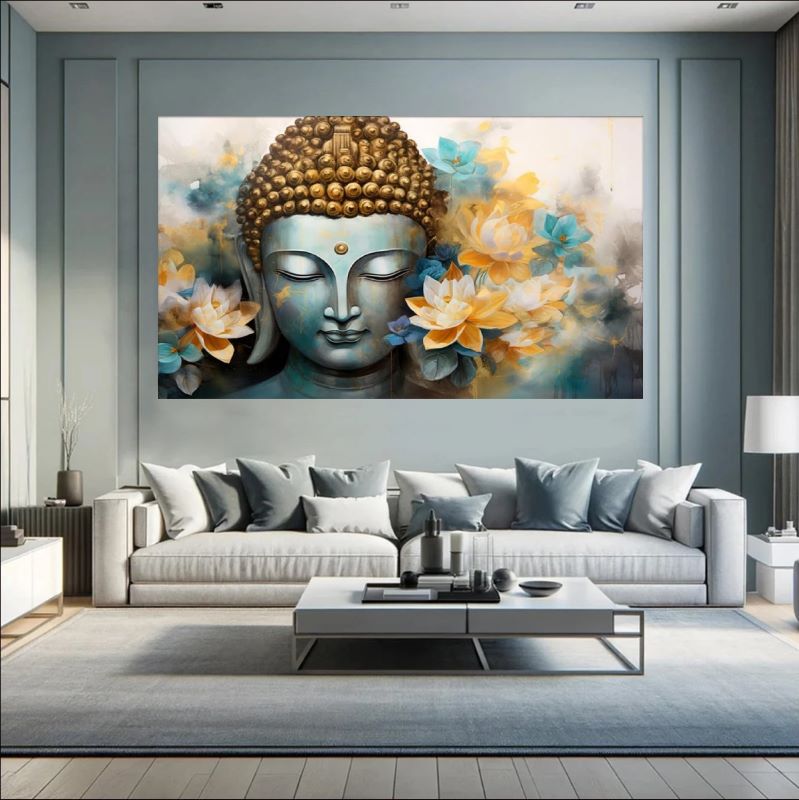Painting of a serene Buddha face with closed eyes surrounded by blooming yellow and teal lotus flowers, spiritual Zen wall art style.