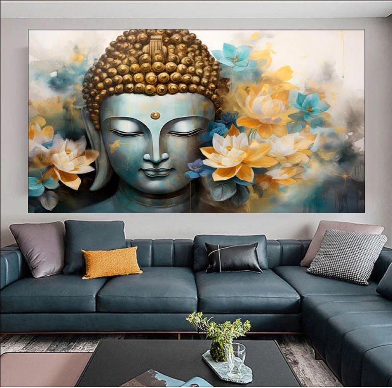 Painting of a serene Buddha face with closed eyes surrounded by blooming yellow and teal lotus flowers, spiritual Zen wall art style.
