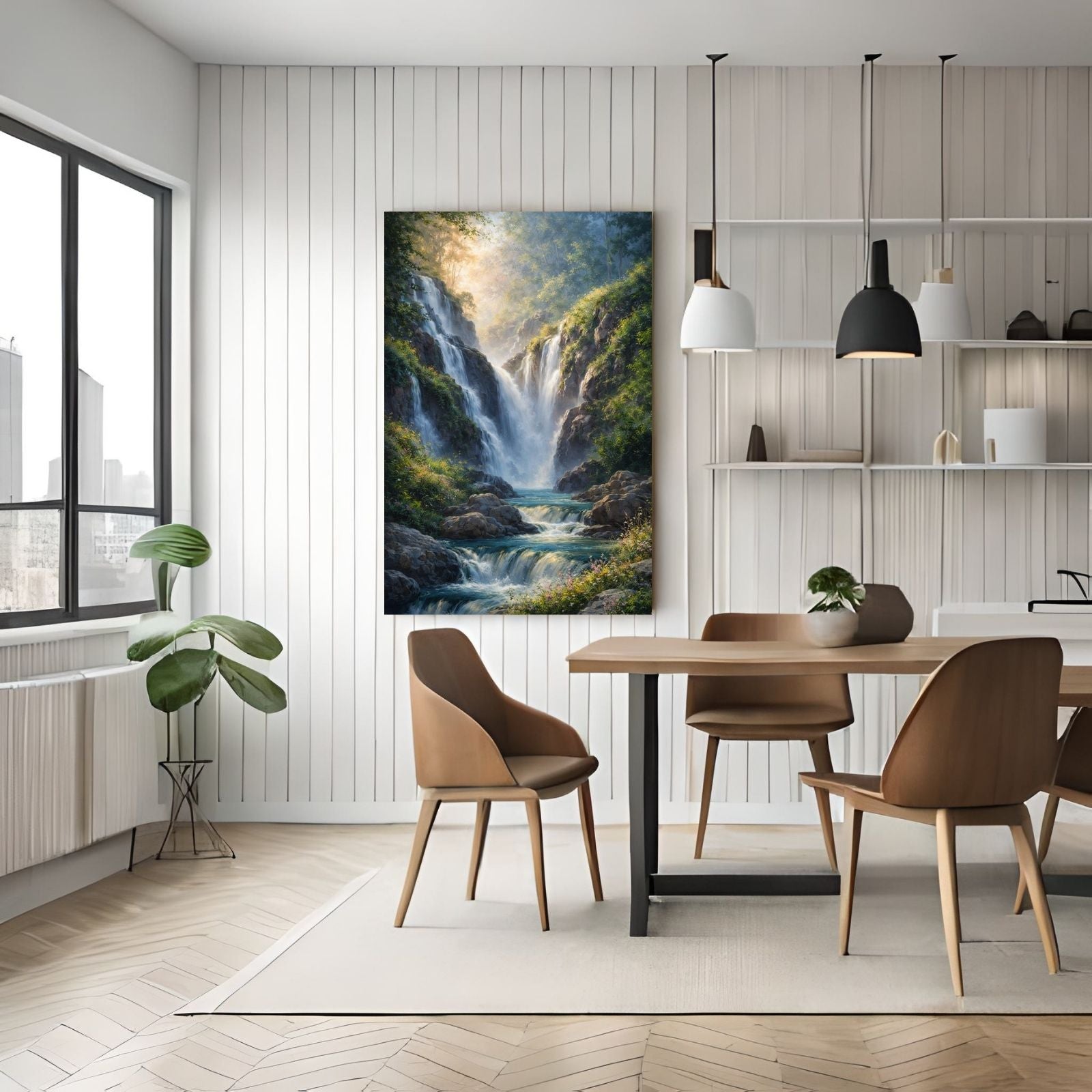 A serene landscape painting featuring a large waterfall cascading over rocks in a lush green forest with golden sunlight glowing through the mist.