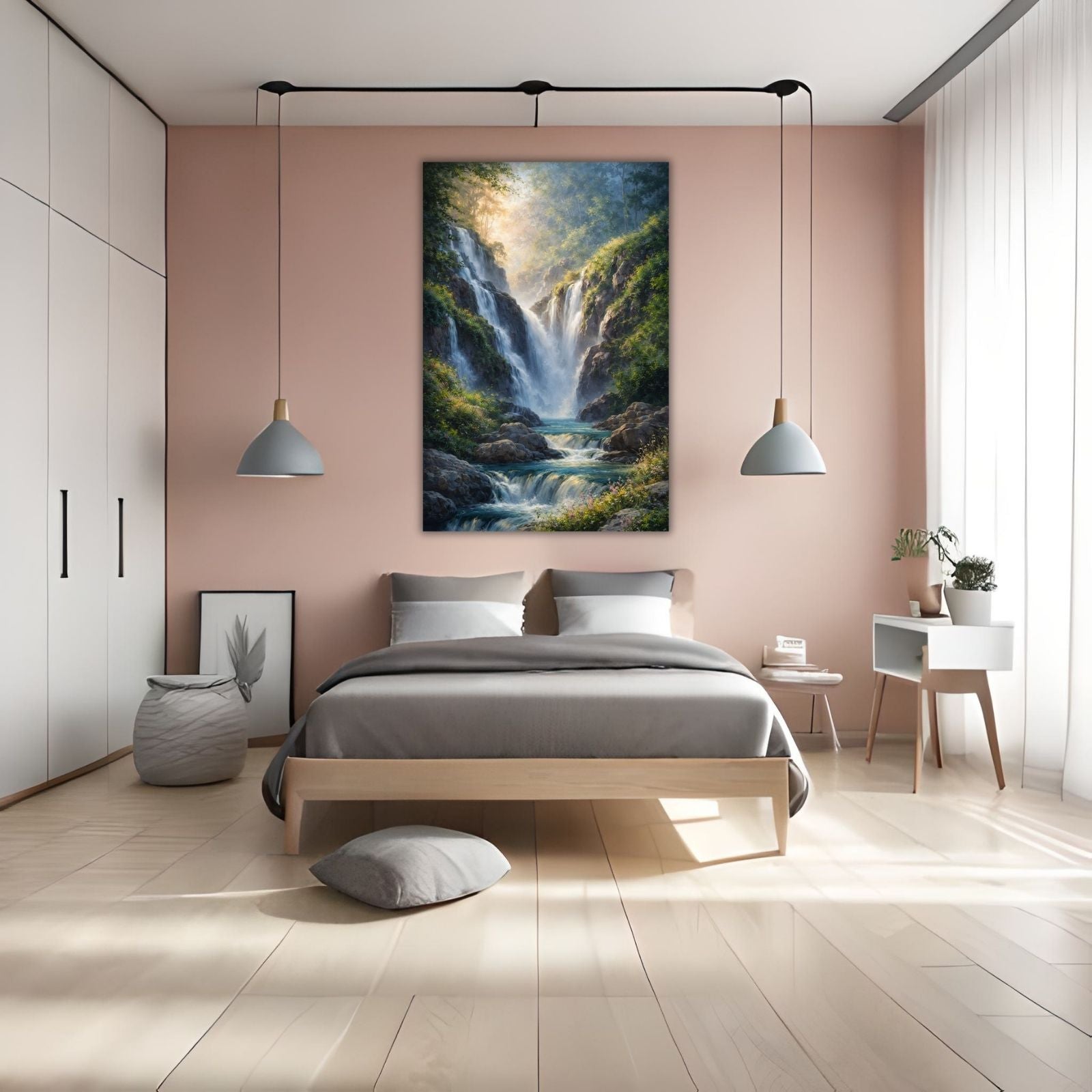 A serene landscape painting featuring a large waterfall cascading over rocks in a lush green forest with golden sunlight glowing through the mist.