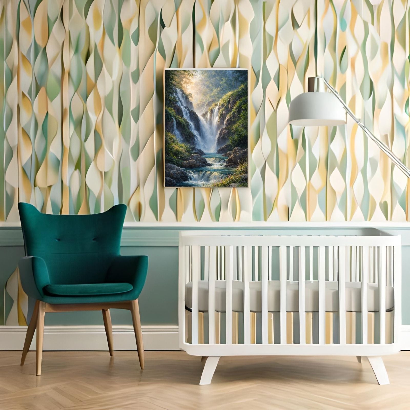 A serene landscape painting featuring a large waterfall cascading over rocks in a lush green forest with golden sunlight glowing through the mist.