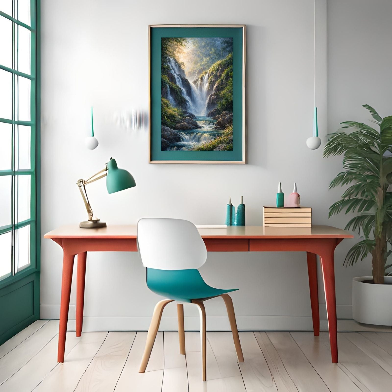 A serene landscape painting featuring a large waterfall cascading over rocks in a lush green forest with golden sunlight glowing through the mist.