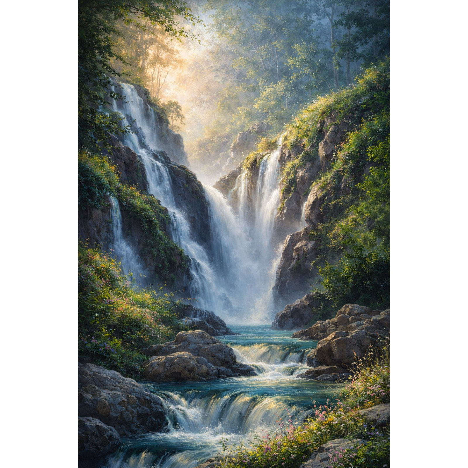A serene landscape painting featuring a large waterfall cascading over rocks in a lush green forest with golden sunlight glowing through the mist.