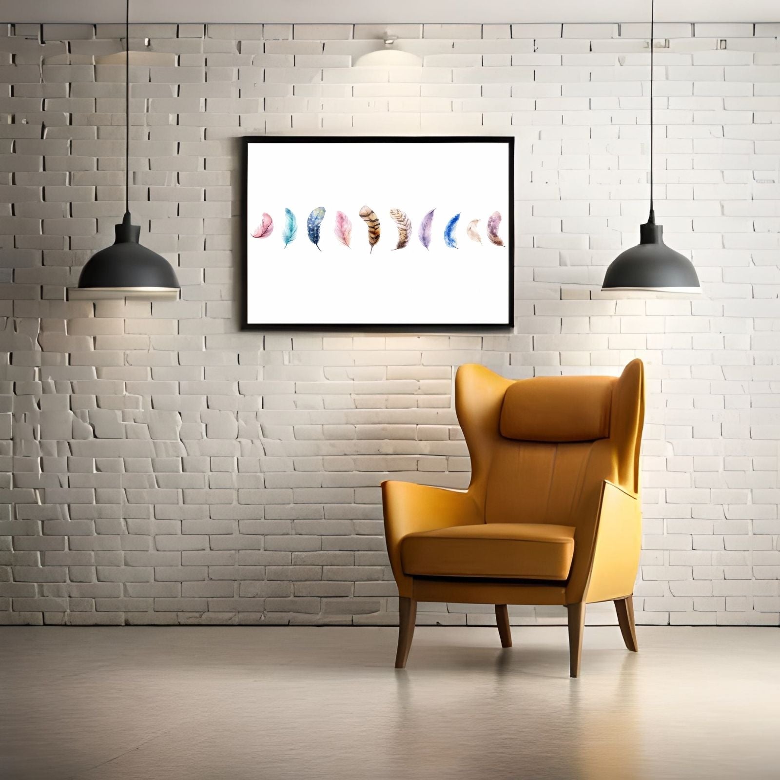 A delicate watercolor painting featuring a horizontal row of ten unique feathers with various colors and patterns like stars and stripes on a white background.