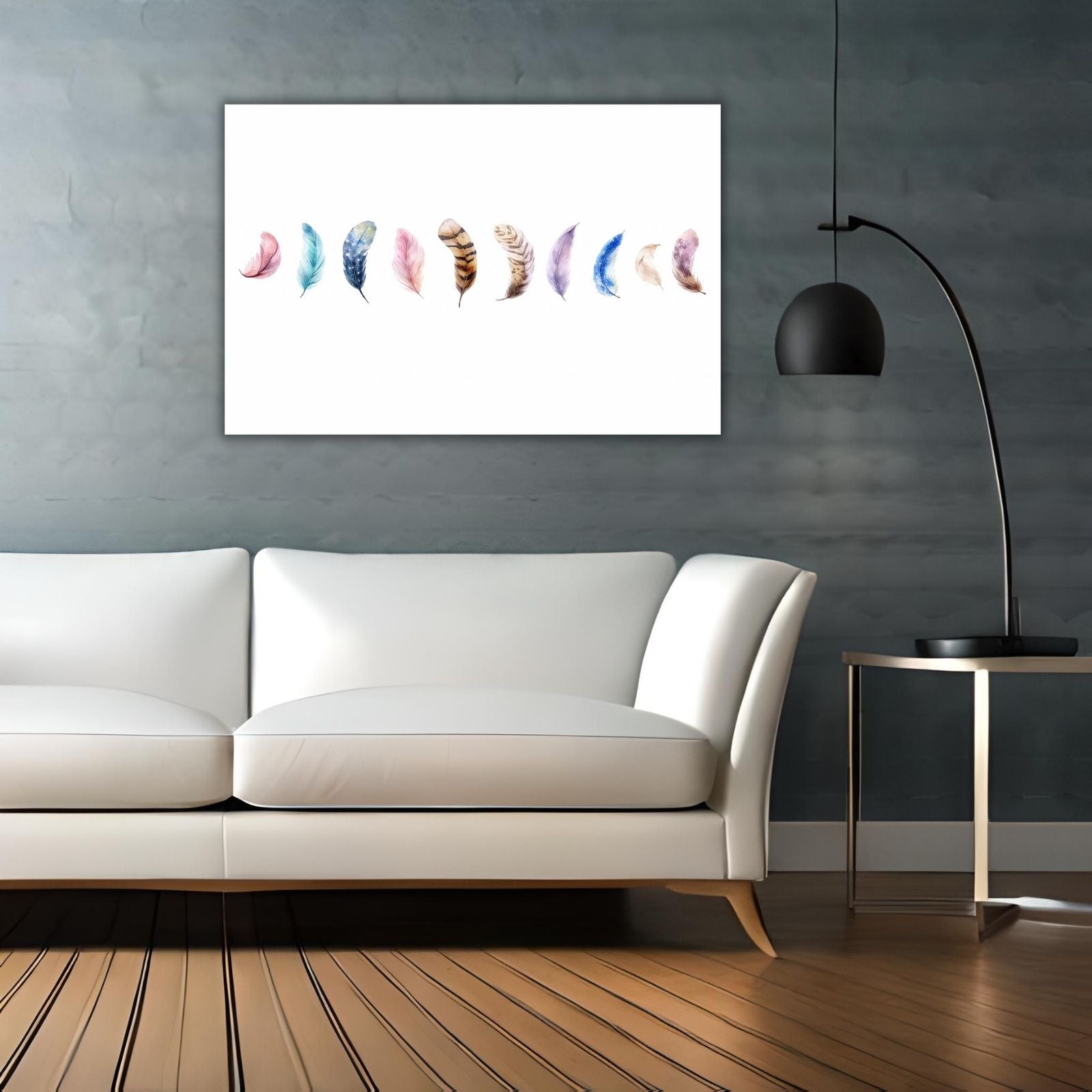 A delicate watercolor painting featuring a horizontal row of ten unique feathers with various colors and patterns like stars and stripes on a white background.