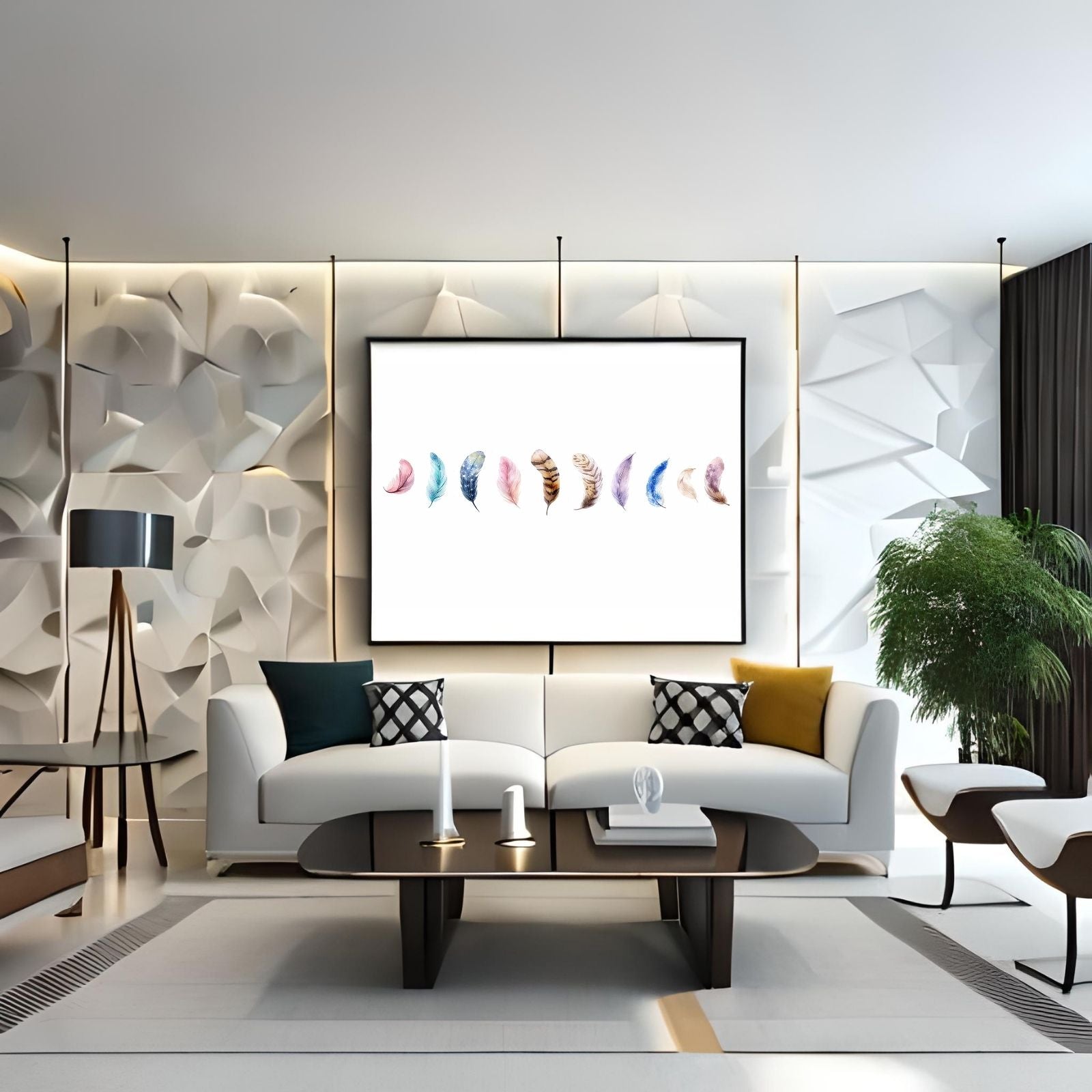 A delicate watercolor painting featuring a horizontal row of ten unique feathers with various colors and patterns like stars and stripes on a white background.