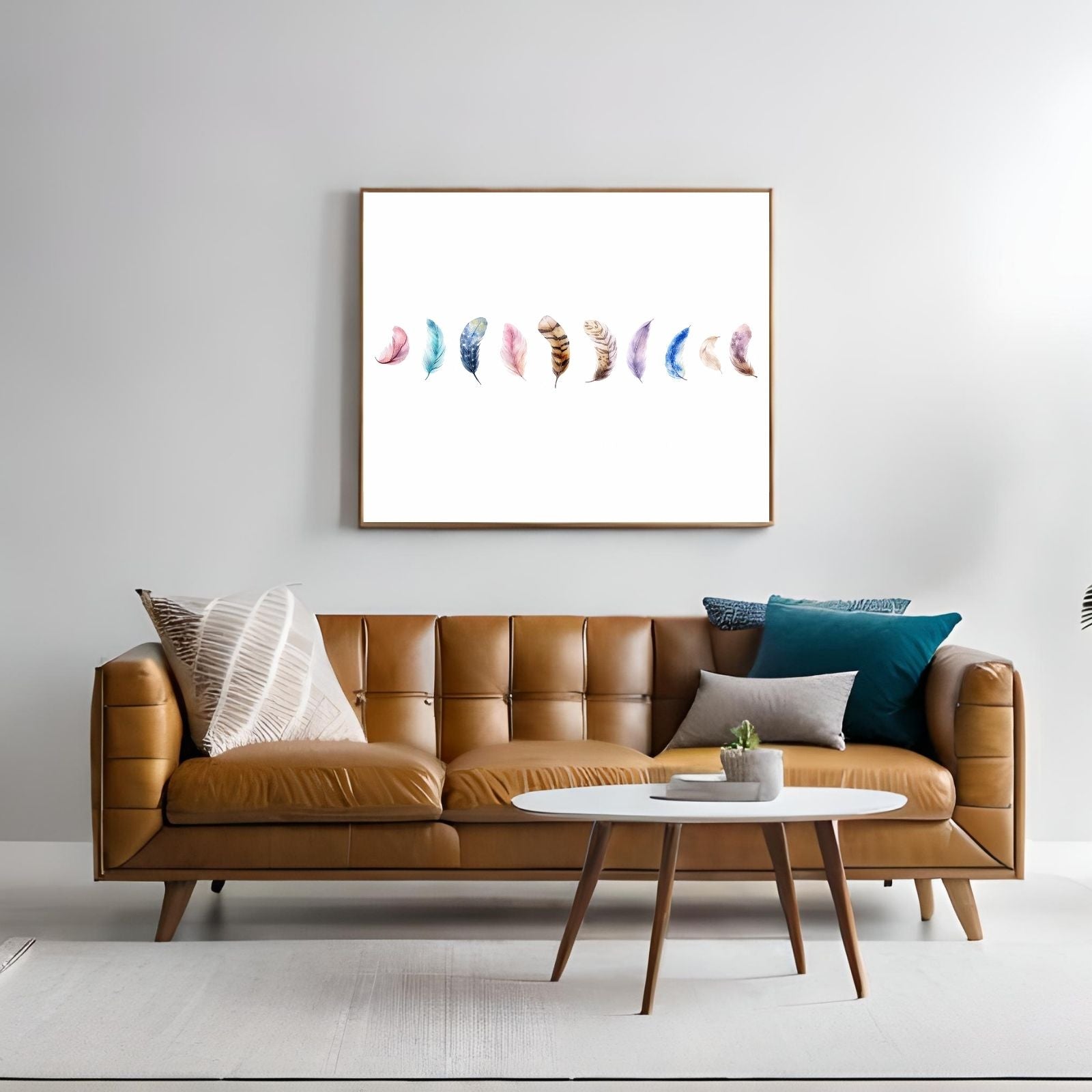 A delicate watercolor painting featuring a horizontal row of ten unique feathers with various colors and patterns like stars and stripes on a white background.