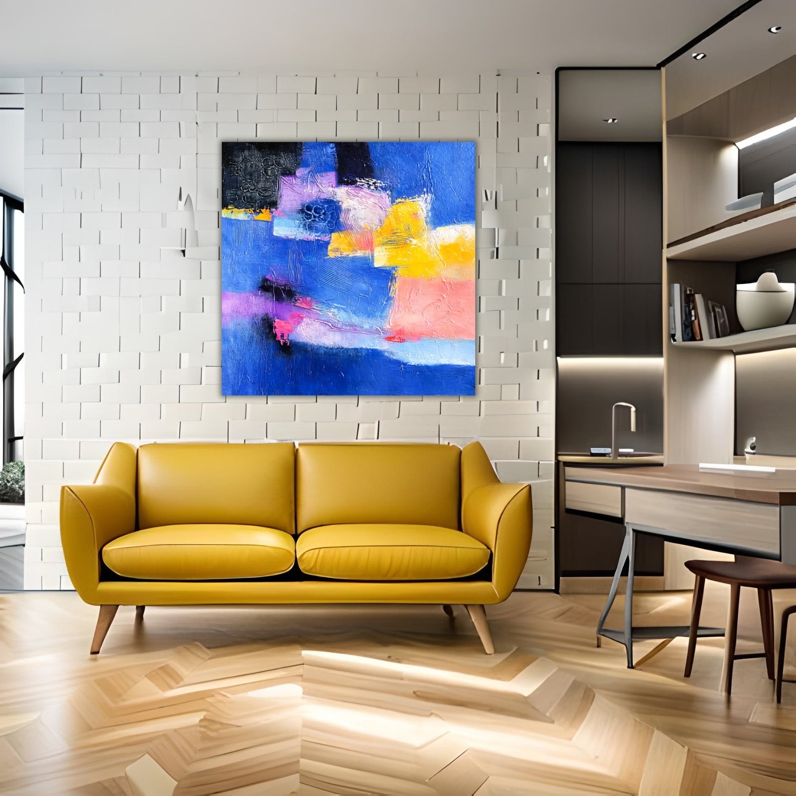 Square modern abstract painting with heavy impasto textures, featuring bold patches of blue, yellow, and pink with visible brushstrokes.