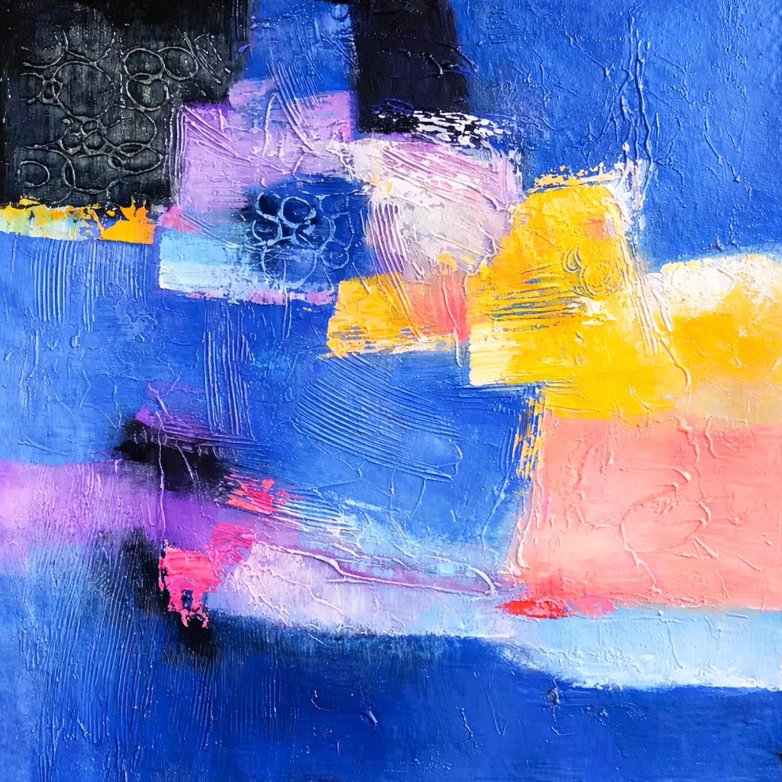 Square modern abstract painting with heavy impasto textures, featuring bold patches of blue, yellow, and pink with visible brushstrokes.