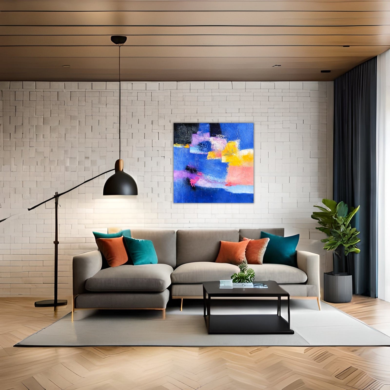 Square modern abstract painting with heavy impasto textures, featuring bold patches of blue, yellow, and pink with visible brushstrokes.