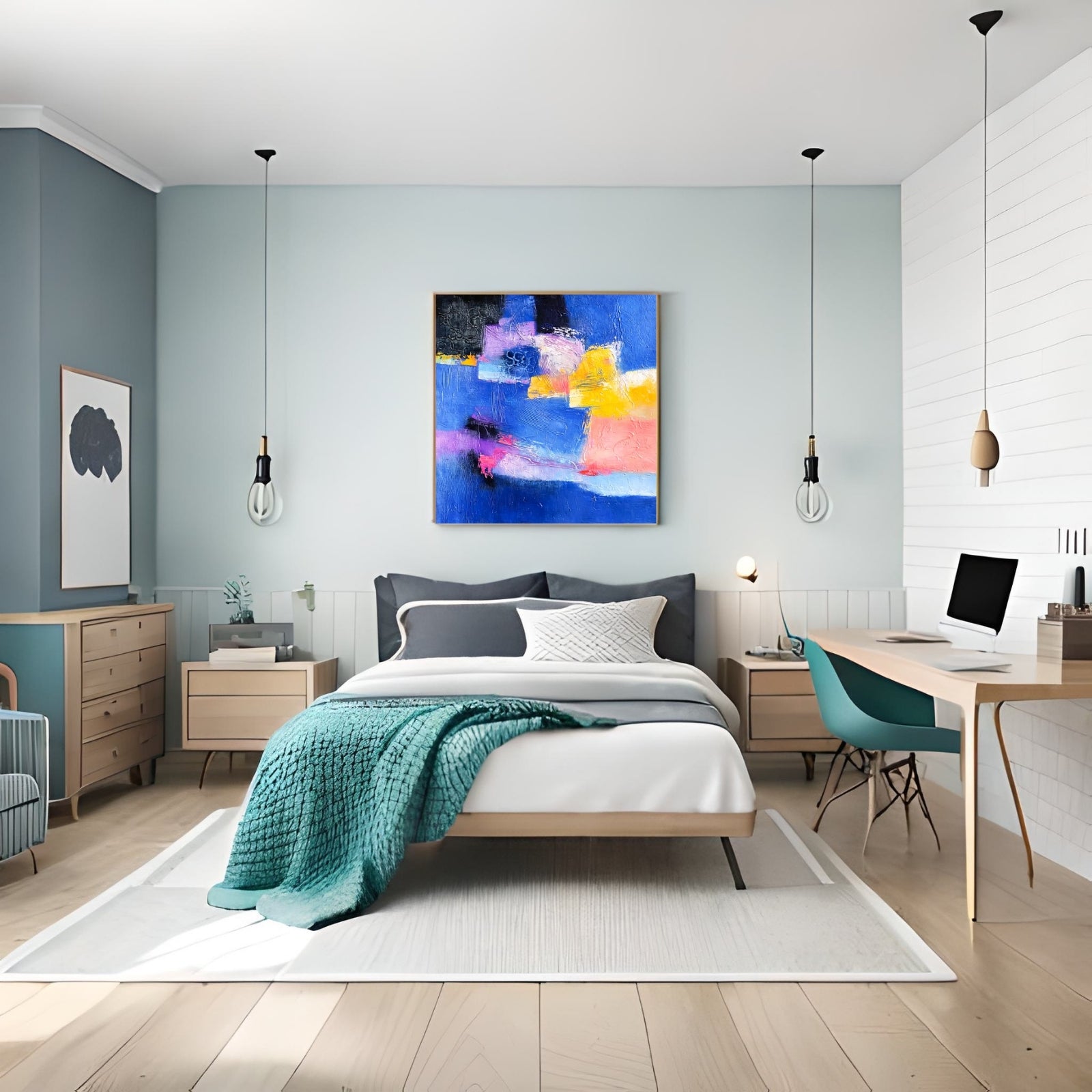 Square modern abstract painting with heavy impasto textures, featuring bold patches of blue, yellow, and pink with visible brushstrokes.