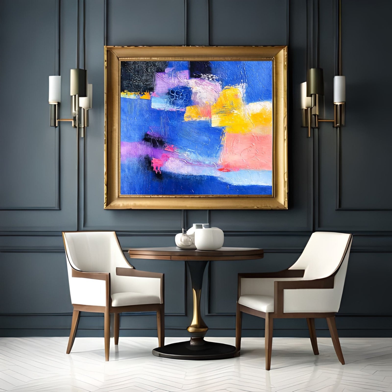 Square modern abstract painting with heavy impasto textures, featuring bold patches of blue, yellow, and pink with visible brushstrokes.