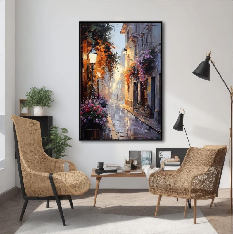 Rain-soaked European alley with glowing lights and cobblestone path, perfect for romantic and atmospheric wall art decor.