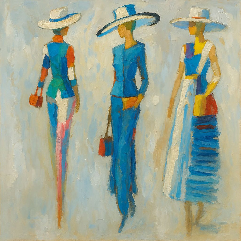 Abstract impressionist painting of three fashionable women wearing wide-brimmed hats and blue dresses walking, modern fashion wall art style.