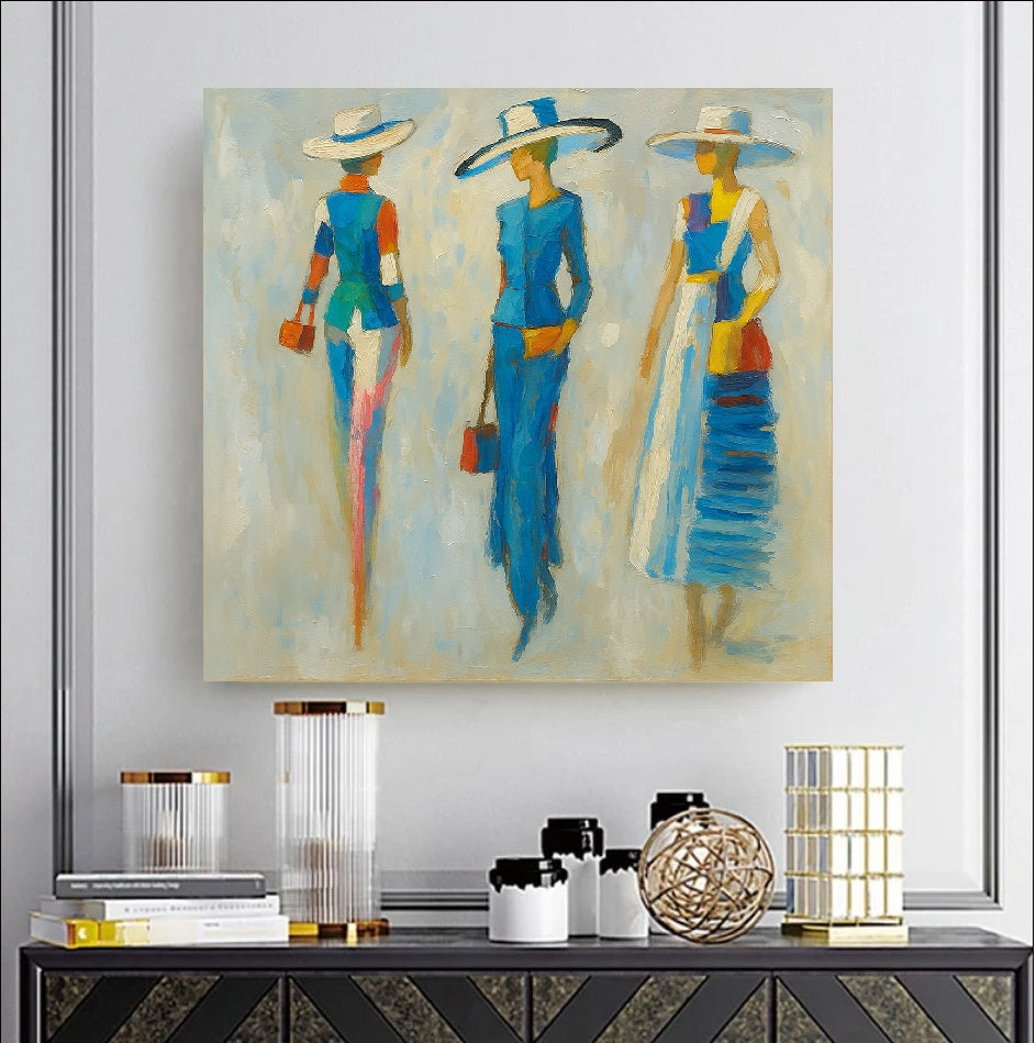 Abstract impressionist painting of three fashionable women wearing wide-brimmed hats and blue dresses walking, modern fashion wall art style.