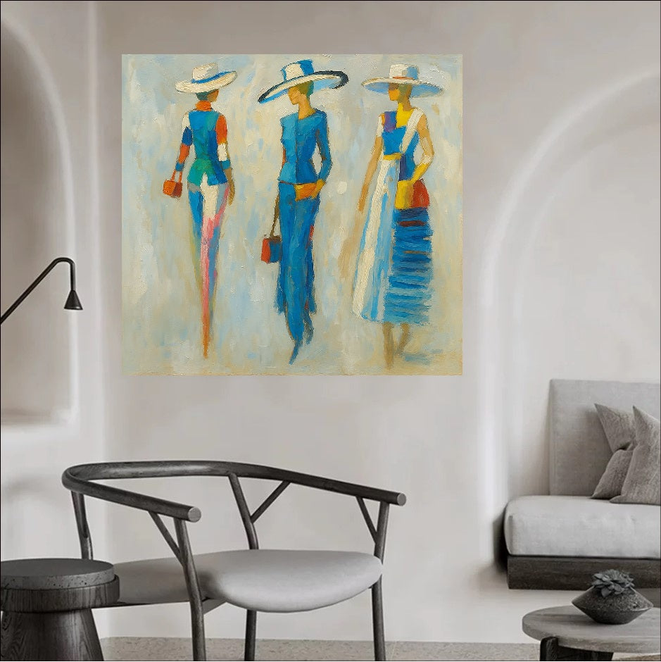 Abstract impressionist painting of three fashionable women wearing wide-brimmed hats and blue dresses walking, modern fashion wall art style.