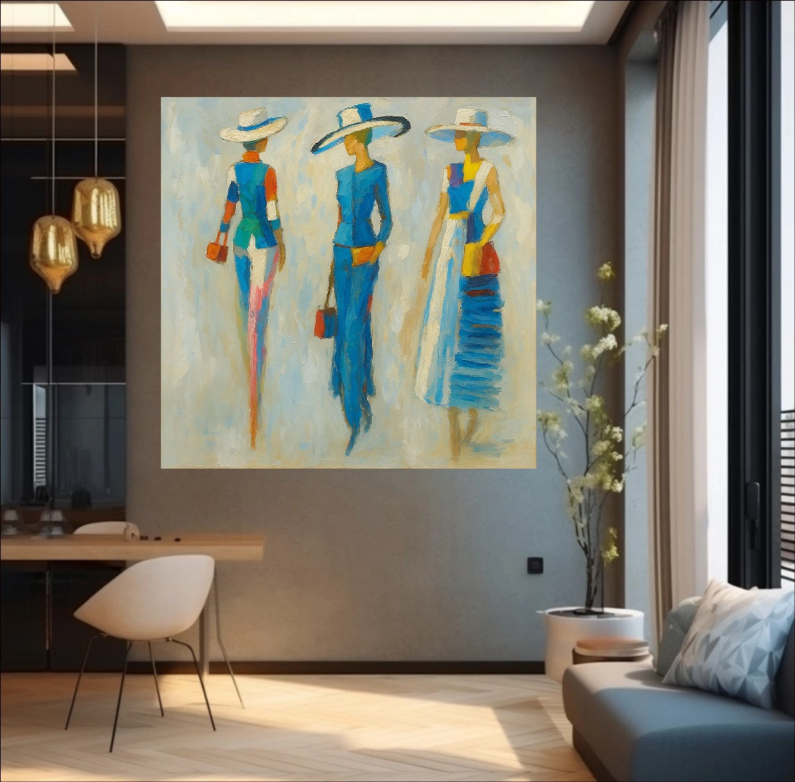 Abstract impressionist painting of three fashionable women wearing wide-brimmed hats and blue dresses walking, modern fashion wall art style.