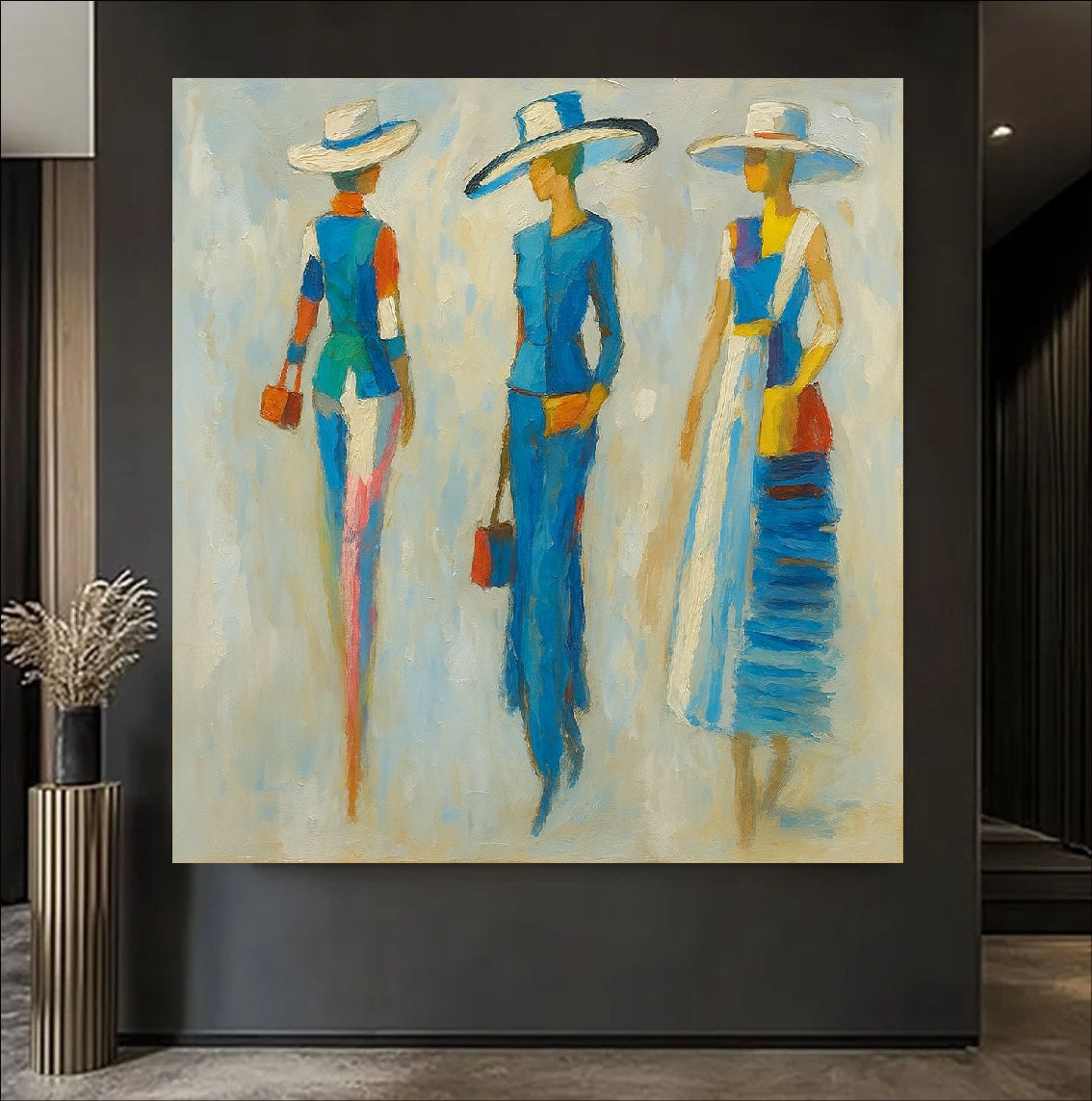 Abstract impressionist painting of three fashionable women wearing wide-brimmed hats and blue dresses walking, modern fashion wall art style.