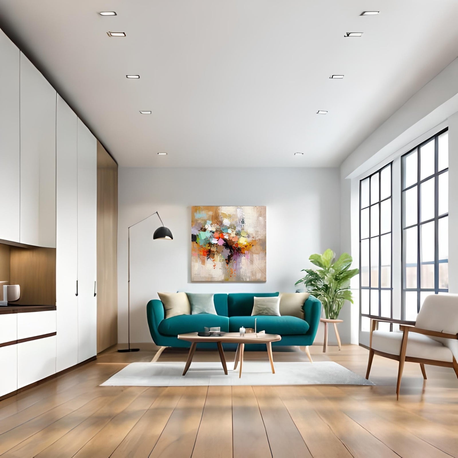 Square abstract oil painting with heavy texture featuring a central cluster of orange, purple, and green palette knife strokes on a neutral beige background.