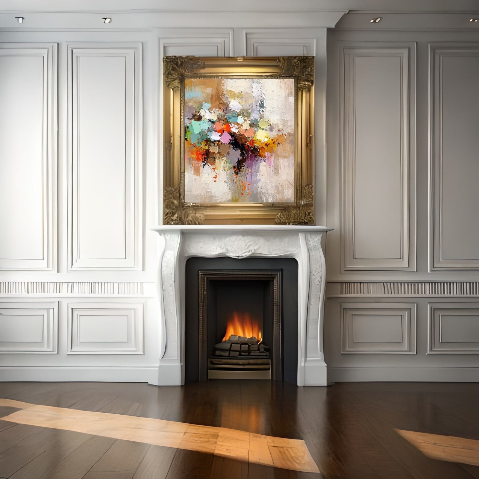 Square abstract oil painting with heavy texture featuring a central cluster of orange, purple, and green palette knife strokes on a neutral beige background.