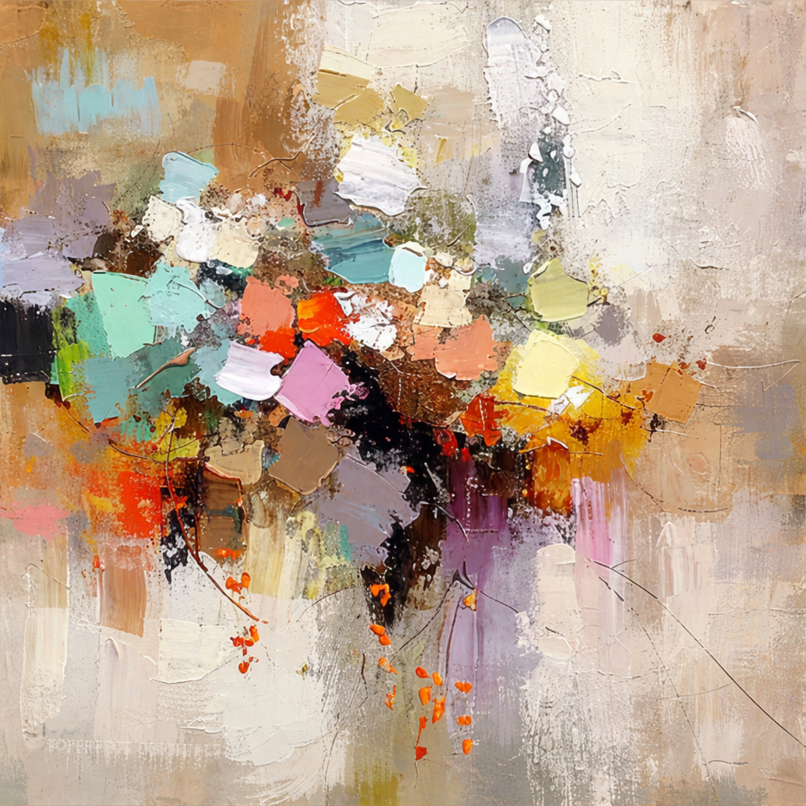 Square abstract oil painting with heavy texture featuring a central cluster of orange, purple, and green palette knife strokes on a neutral beige background.