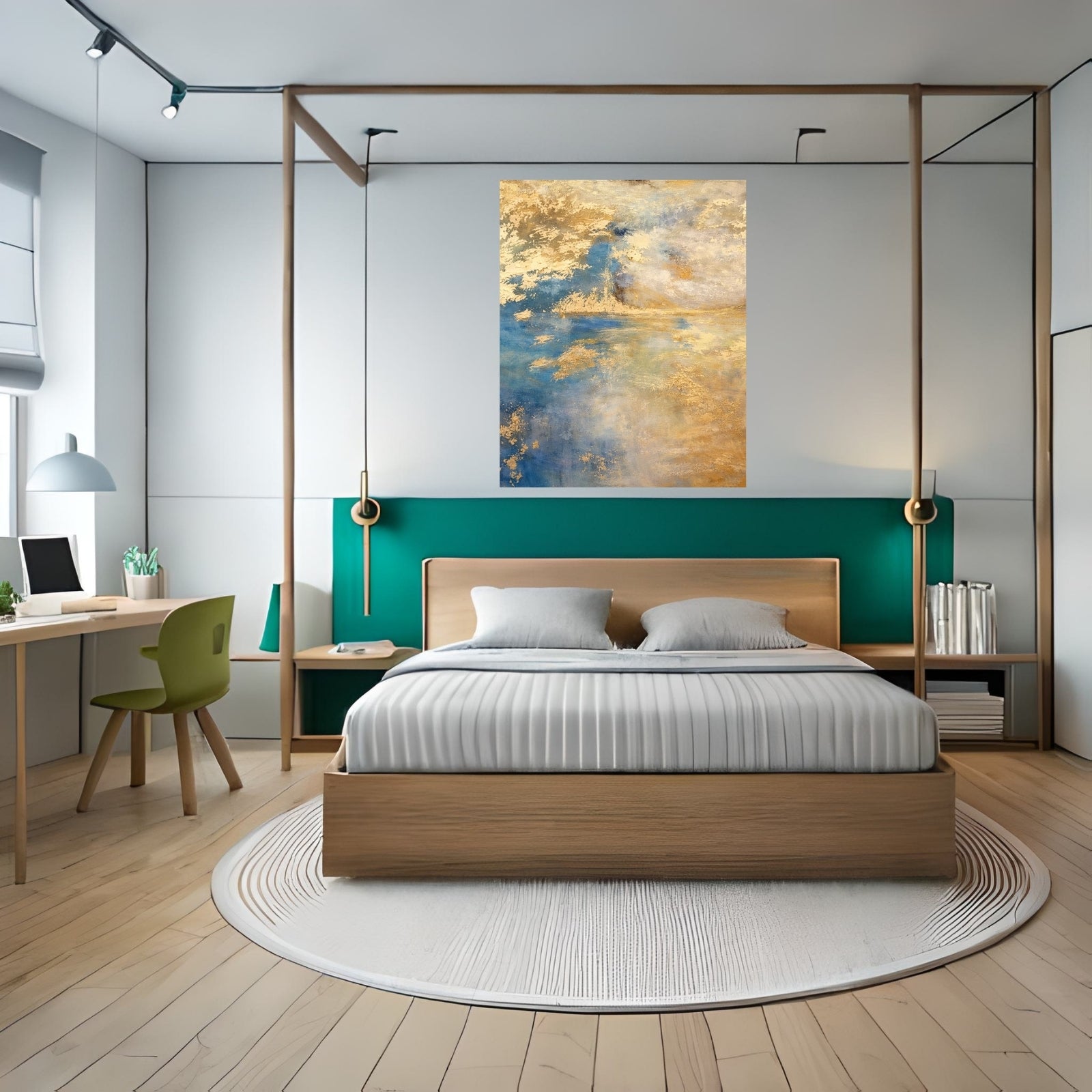 Abstract expressionist oil painting featuring thick, textured vertical brushstrokes in a vibrant mix of red, yellow, blue, and green on a white background.