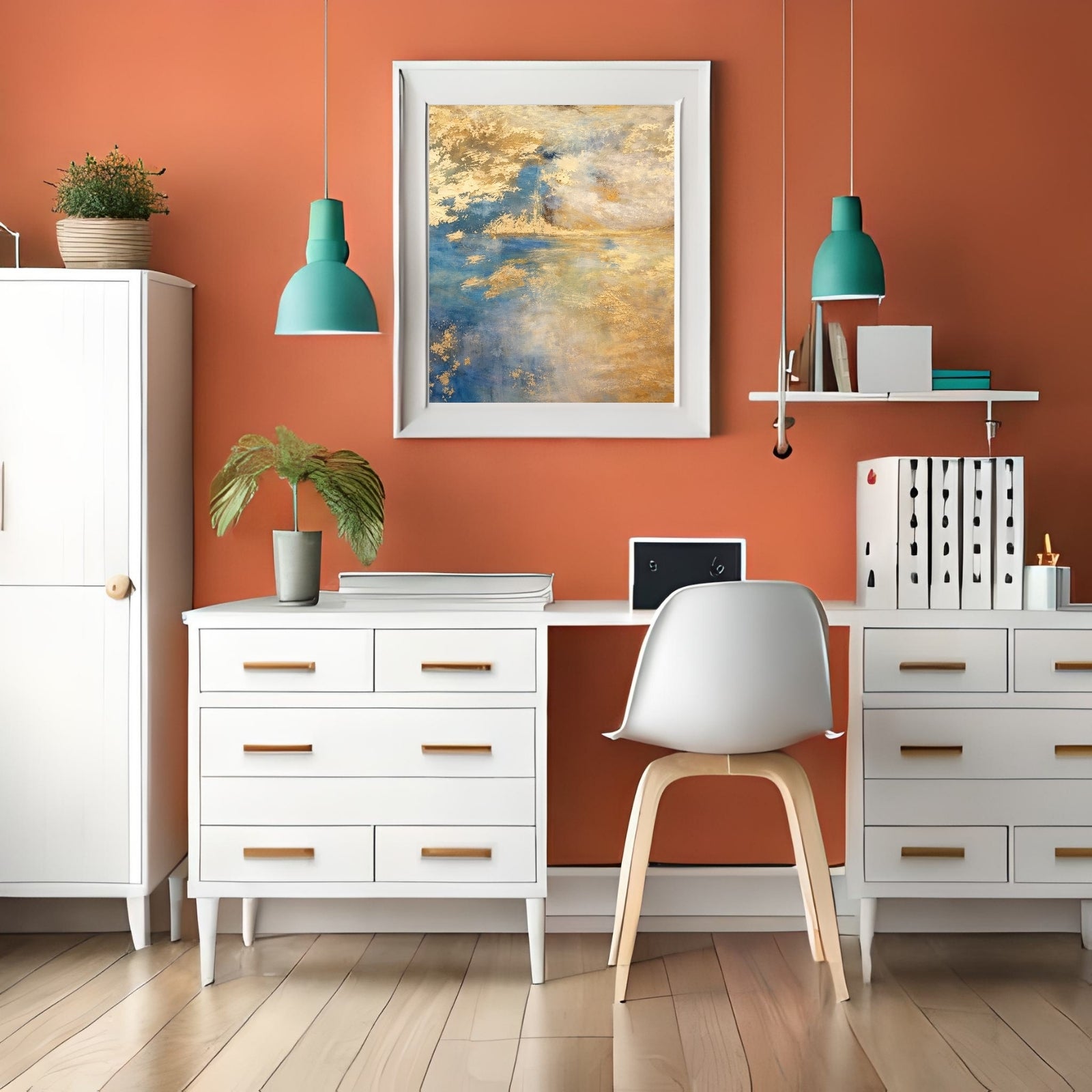 Abstract expressionist oil painting featuring thick, textured vertical brushstrokes in a vibrant mix of red, yellow, blue, and green on a white background.