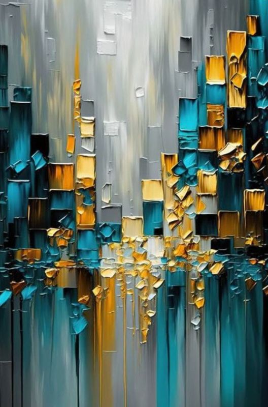 Abstract art painting with blue, gold, and gray colors on a wall above a staircase.
