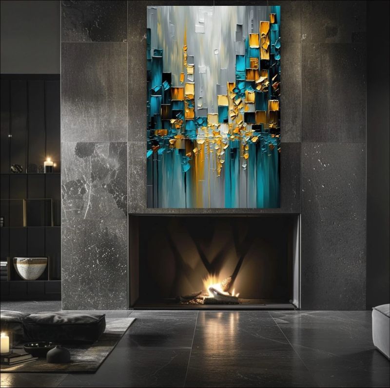Abstract art painting with blue, gold, and gray colors on a wall above a staircase.