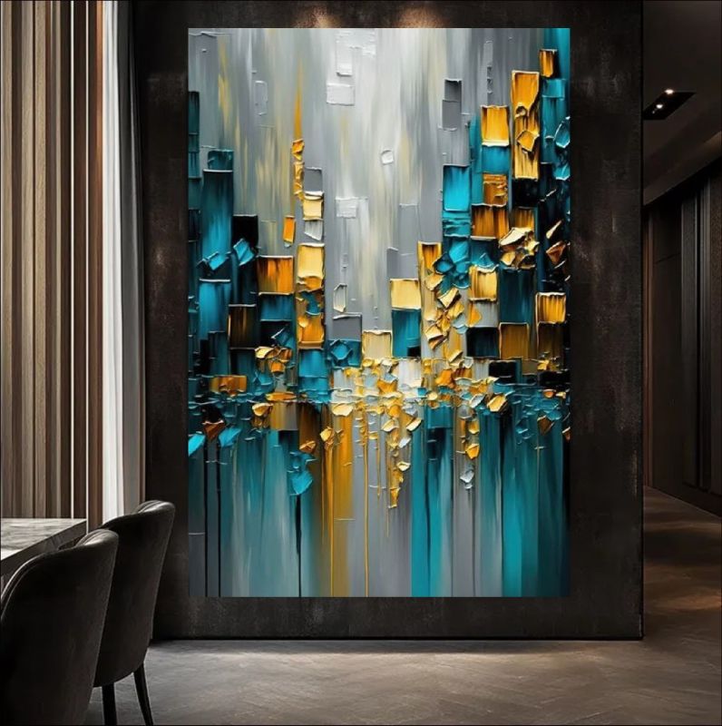 Abstract art painting with blue, gold, and gray colors on a wall above a staircase.