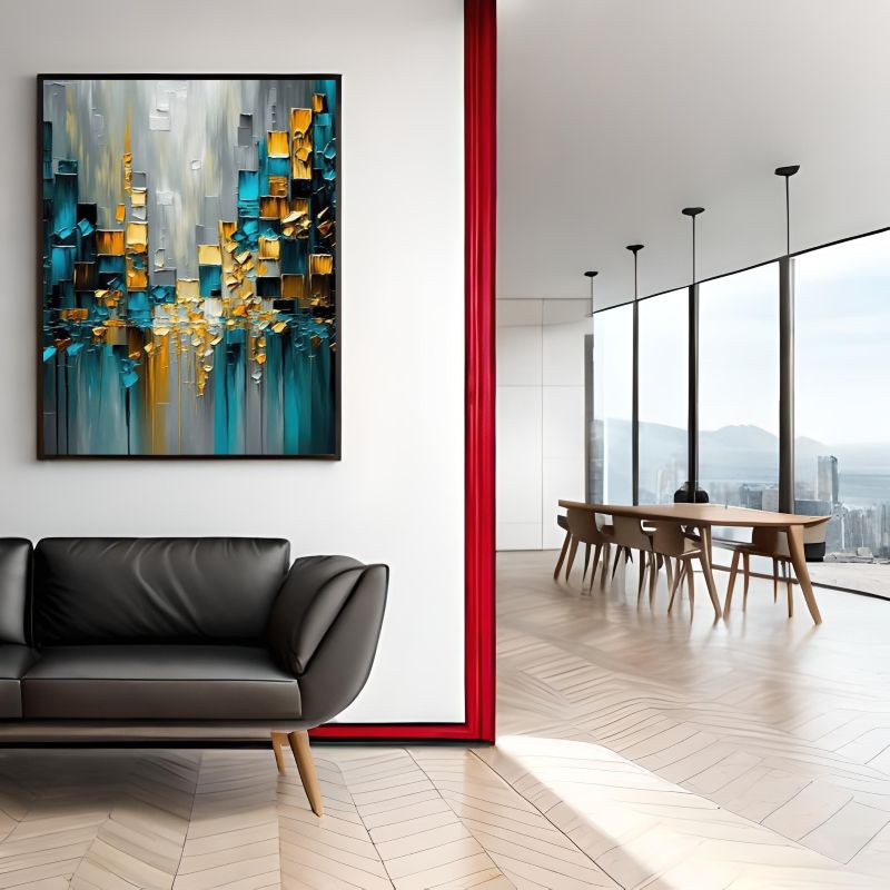 Abstract art painting with blue, gold, and gray colors on a wall above a staircase.