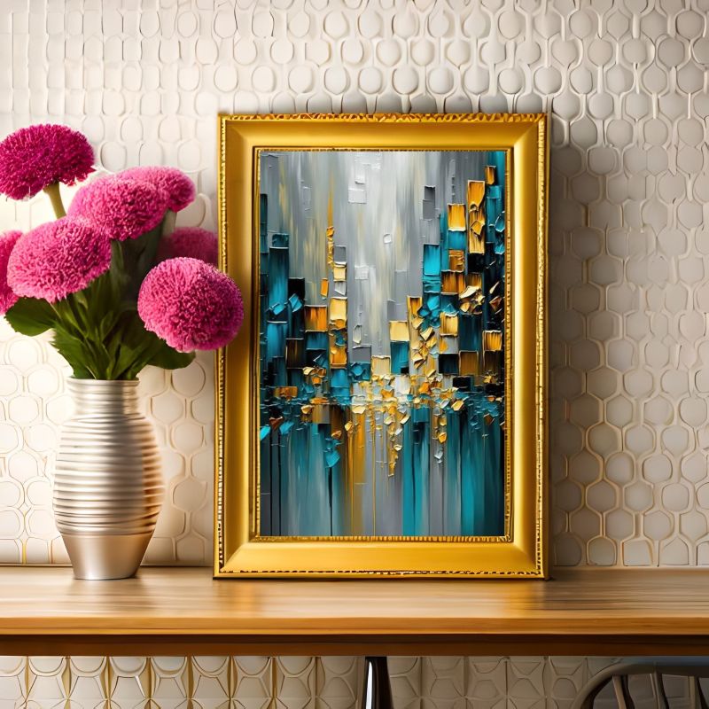 Abstract art painting with blue, gold, and gray colors on a wall above a staircase.