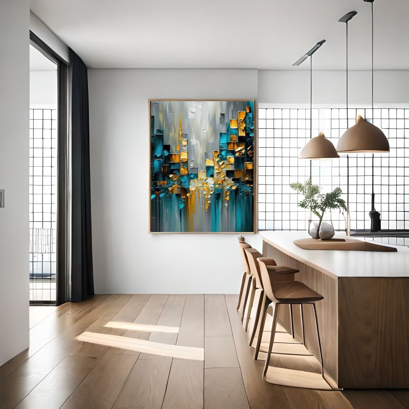 Abstract art painting with blue, gold, and gray colors on a wall above a staircase.
