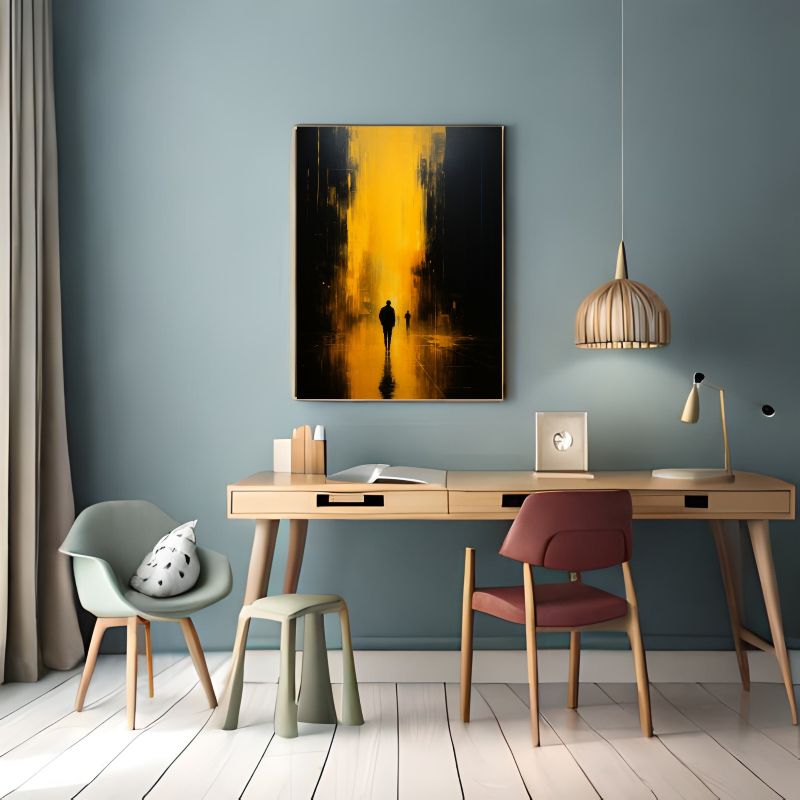 Silhouetted figures walking through a glowing golden cityscape, perfect for modern abstract wall art and urban contemporary decor.