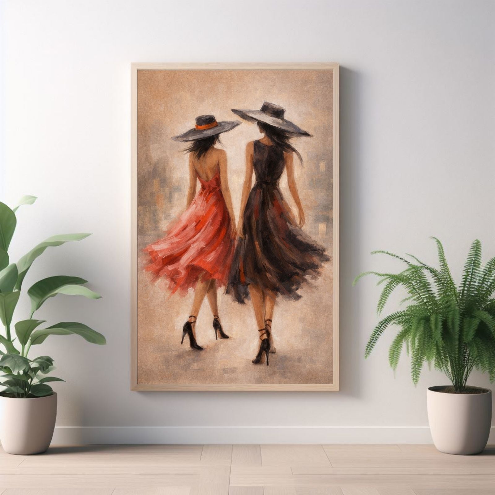 A stylish figurative painting of two women viewed from behind, wearing elegant red and black dresses with large sun hats, walking through a blurred city setting.