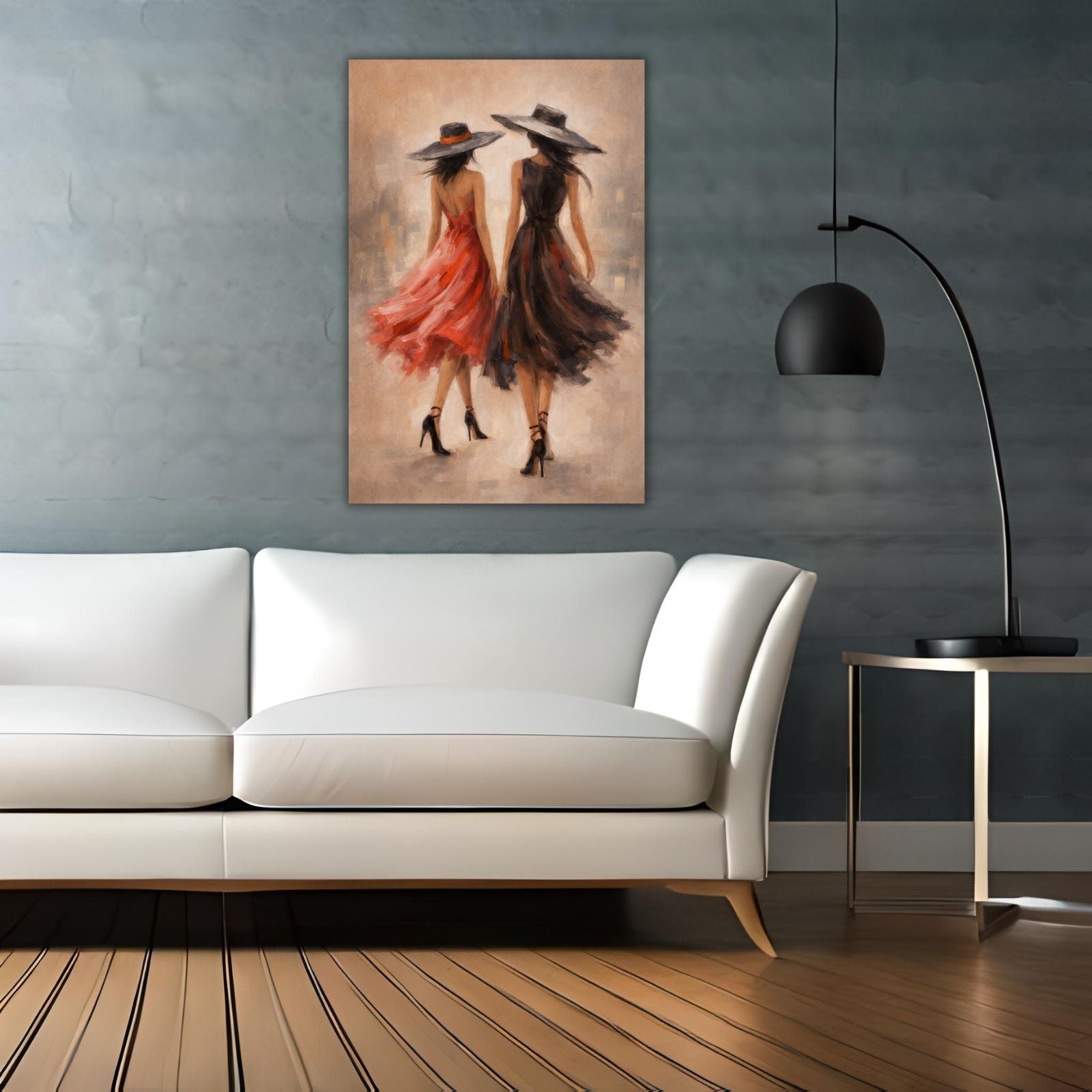 A stylish figurative painting of two women viewed from behind, wearing elegant red and black dresses with large sun hats, walking through a blurred city setting.