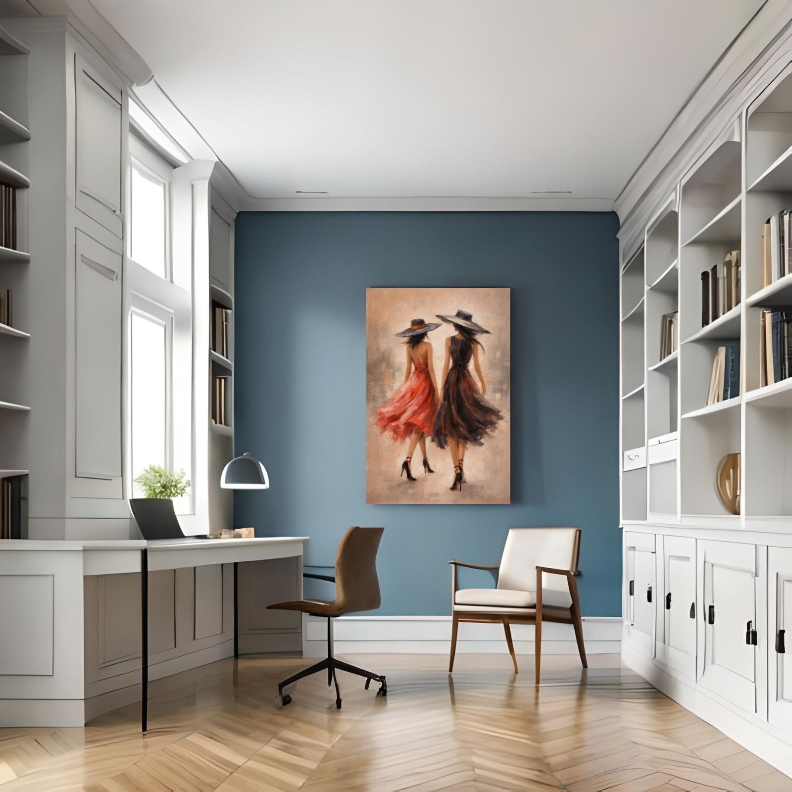 A stylish figurative painting of two women viewed from behind, wearing elegant red and black dresses with large sun hats, walking through a blurred city setting.