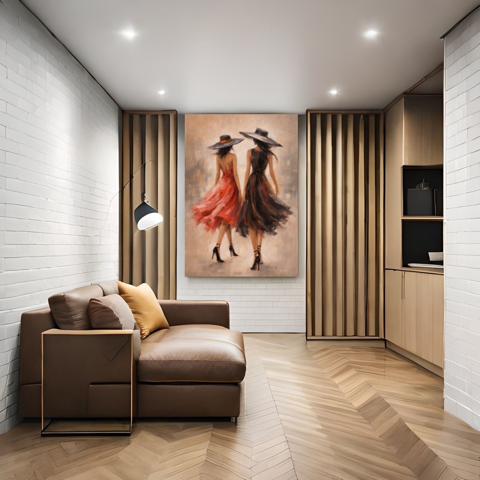 A stylish figurative painting of two women viewed from behind, wearing elegant red and black dresses with large sun hats, walking through a blurred city setting.