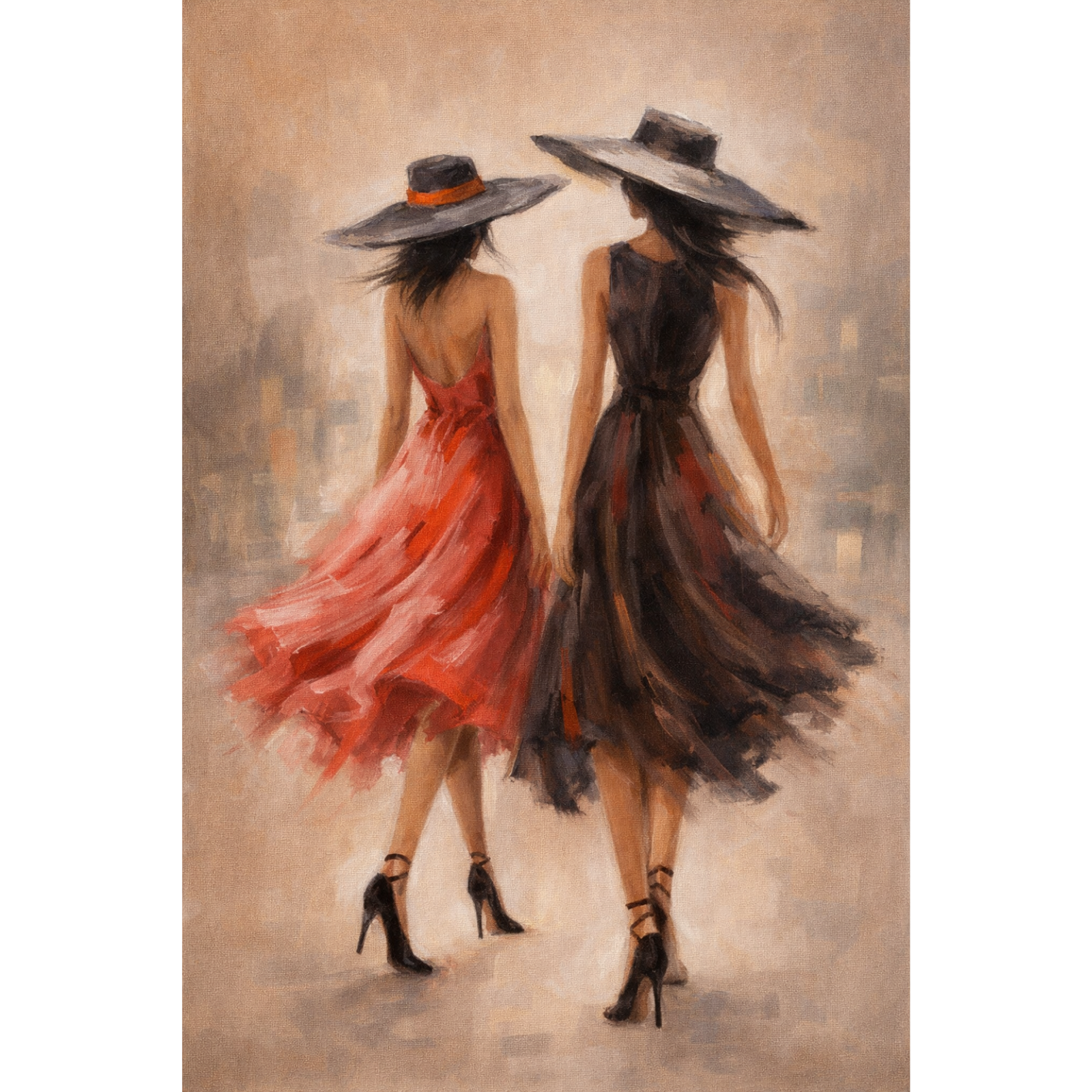A stylish figurative painting of two women viewed from behind, wearing elegant red and black dresses with large sun hats, walking through a blurred city setting.