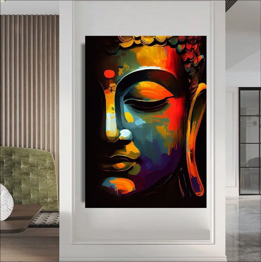Colorful abstract painting of a Buddha face on a wall in a modern interior setting.