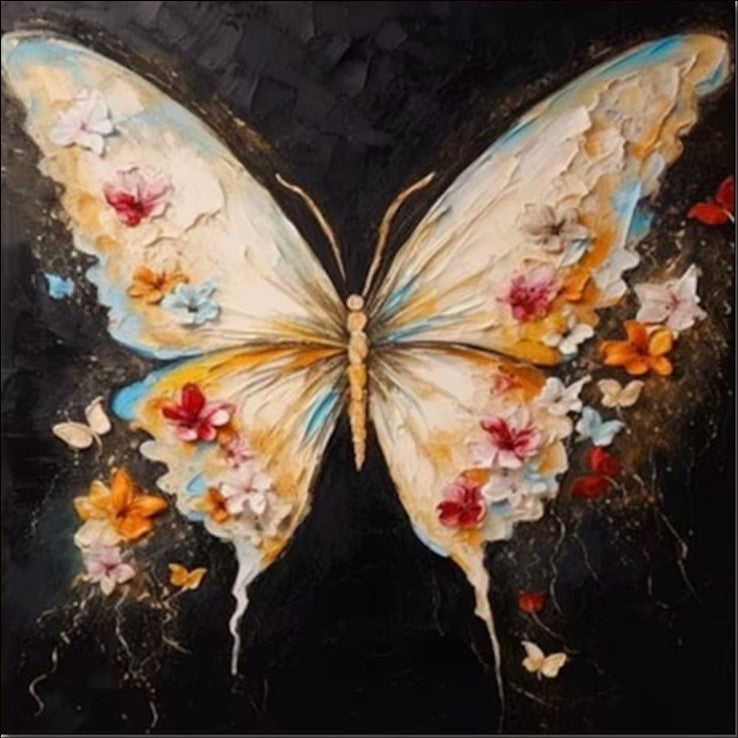 Textured oil painting of a large butterfly with wings composed of cream, pink, and yellow flowers against a dark black background, whimsical wall art.