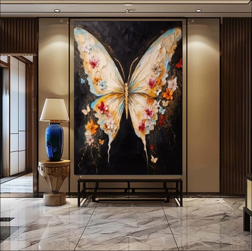 Textured oil painting of a large butterfly with wings composed of cream, pink, and yellow flowers against a dark black background, whimsical wall art.