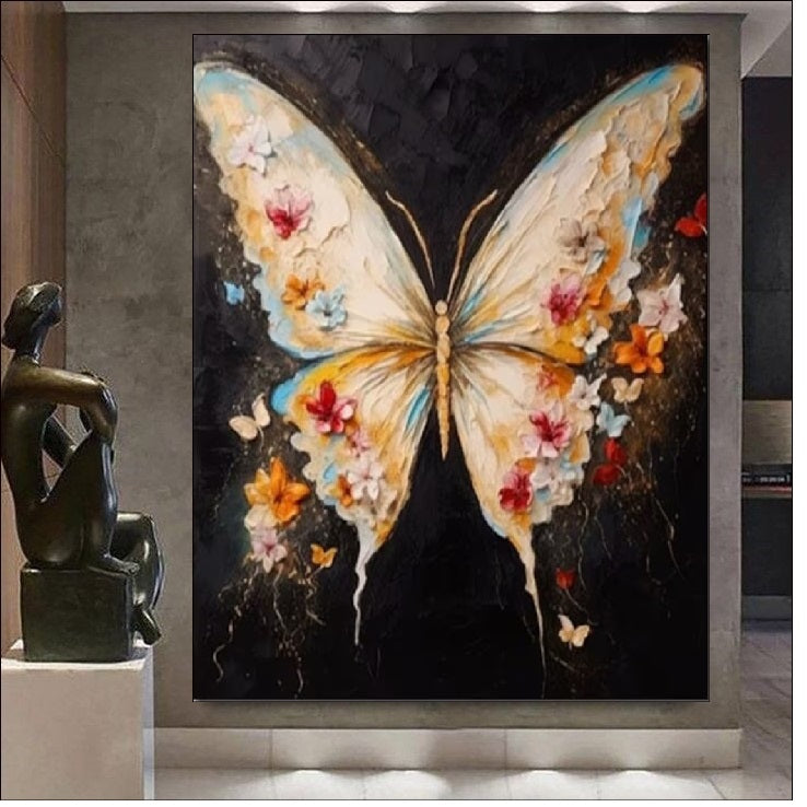 Textured oil painting of a large butterfly with wings composed of cream, pink, and yellow flowers against a dark black background, whimsical wall art.