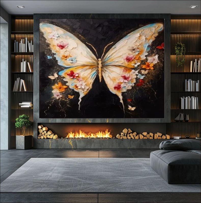 Textured oil painting of a large butterfly with wings composed of cream, pink, and yellow flowers against a dark black background, whimsical wall art.